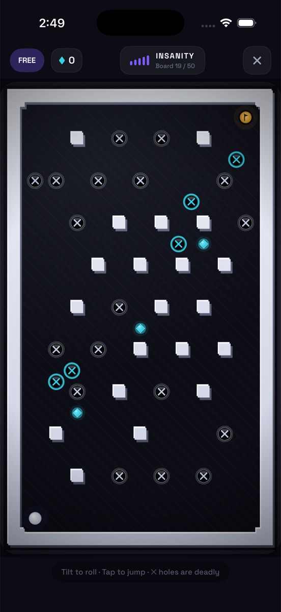 Tilt Obstacle Course gameplay board with pillars, holes, gems, traps, a ball, and the goal flag